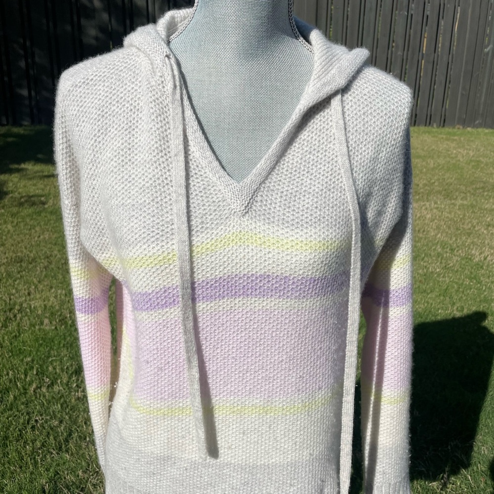 Autumn Cashmere Women's Hooded Grey Sweater in White and Pastel Stripes